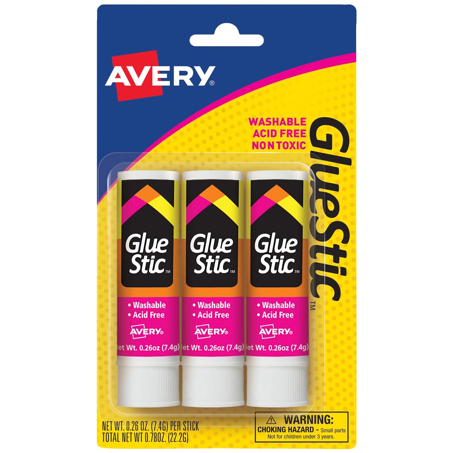 Avery® Glue Stick, White, 0.26 oz., Washable, 3 Permanent Glue Sticks (00164)