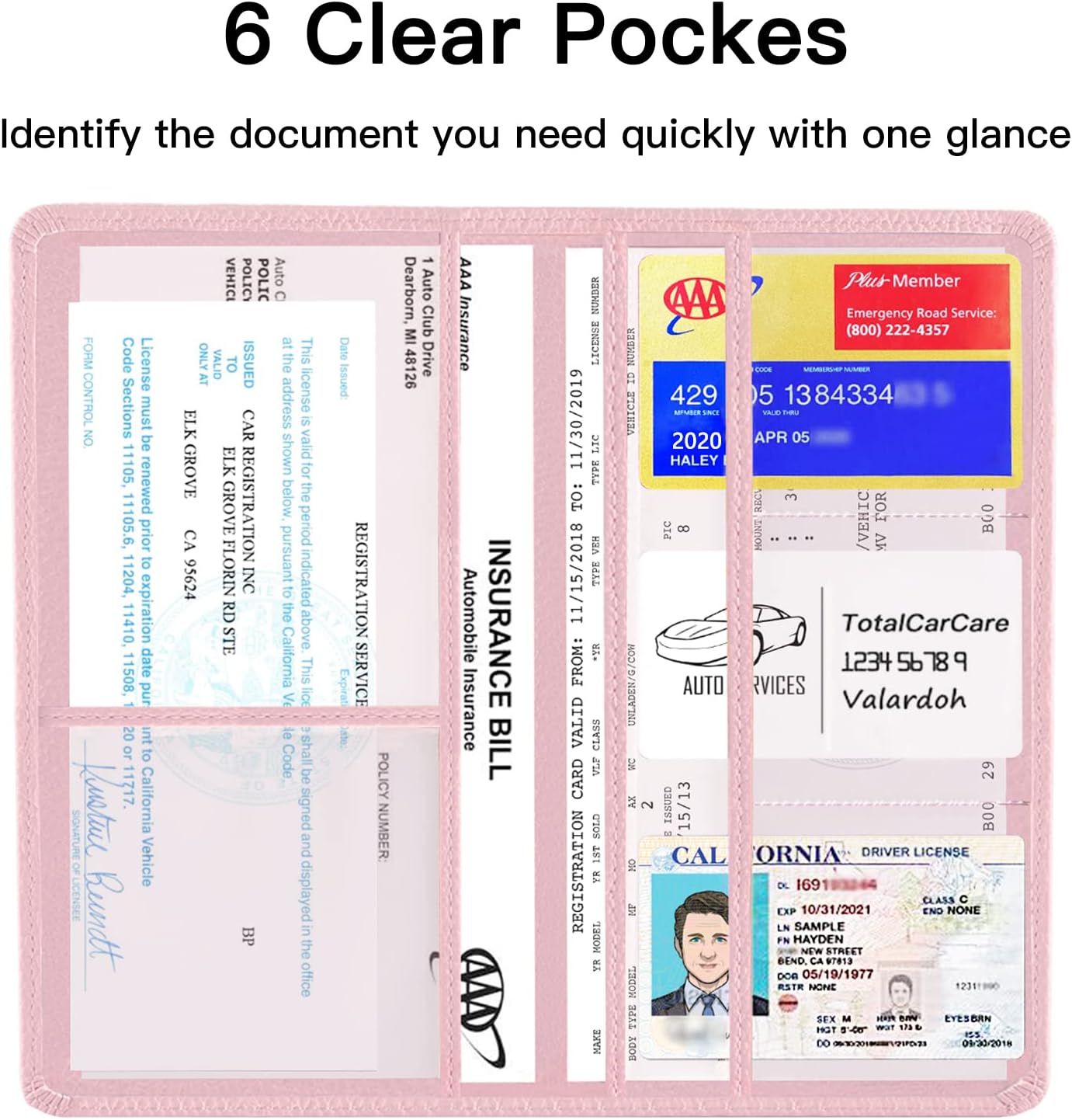 Valardoh Premium Car Registration and Insurance Card Holder, Car Document Holder for Cards, Driver License & other Essential Documents (Pink)