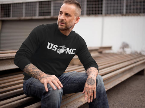 Lucky Ride Marine Corps Bull Dog Front and Back USMC Men's T-Shirt Longsleeve