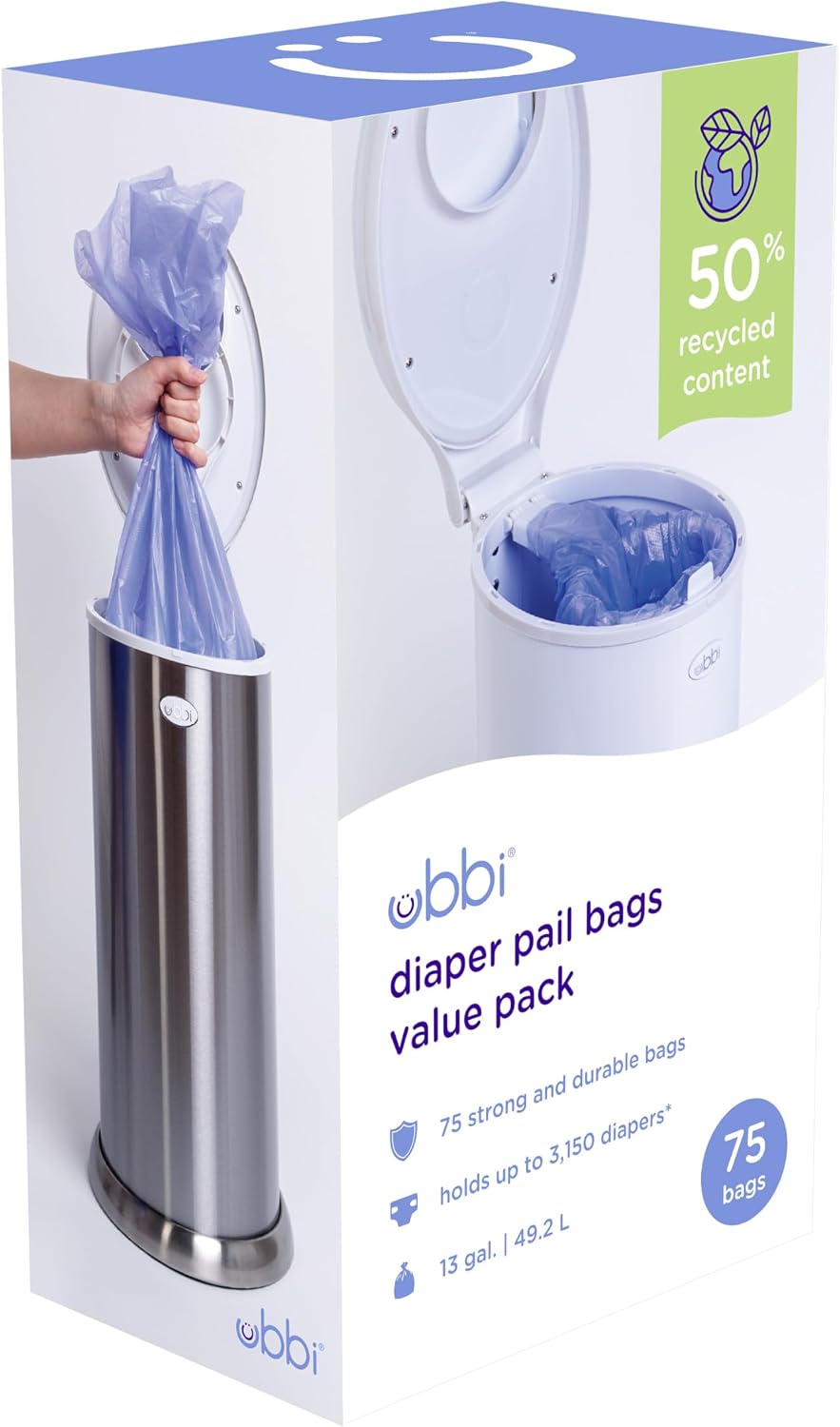 Ubbi Diaper Pail Plastic Bags, 13-Gallon Capacity, 3 Pack, 75 Count