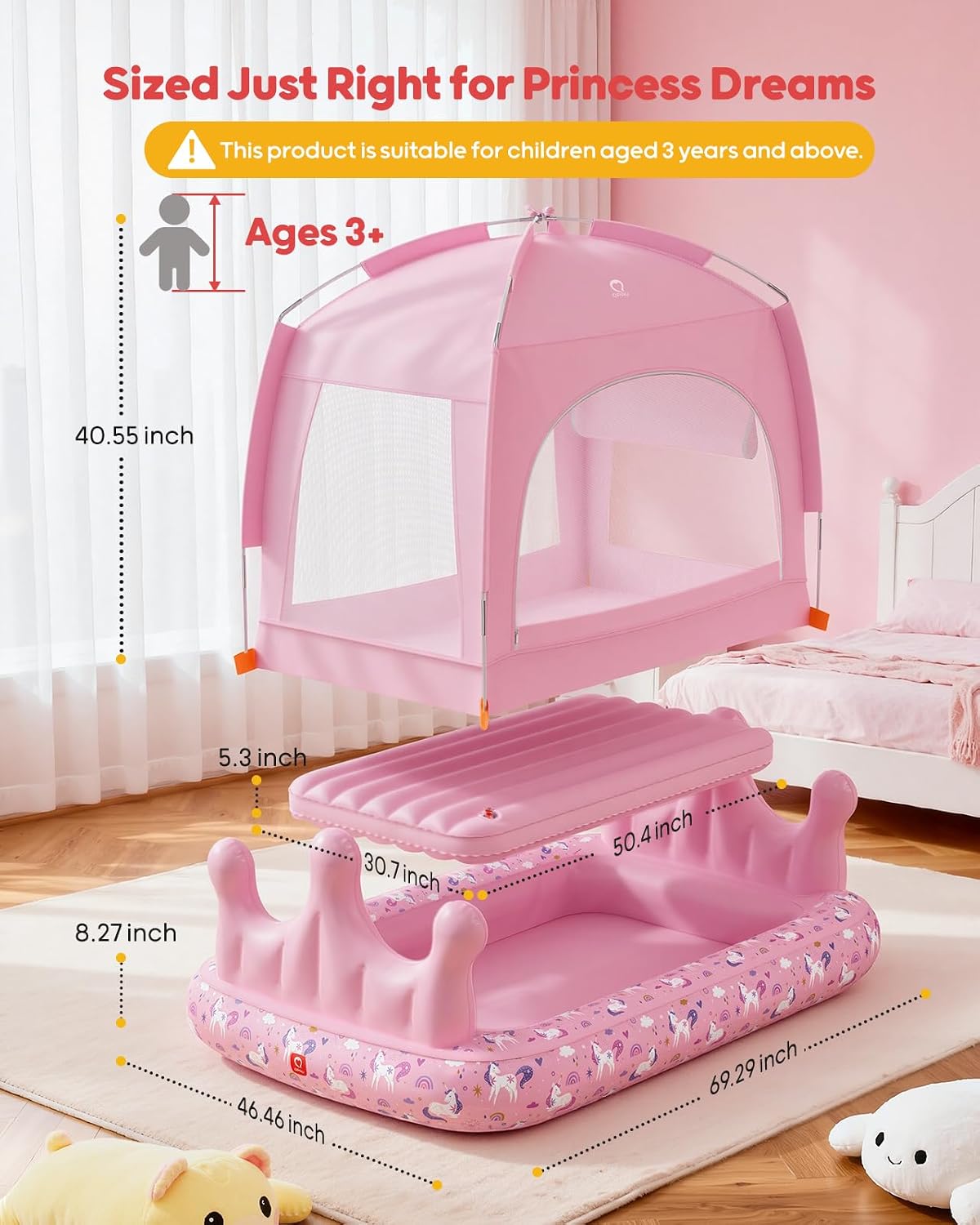 QPAU Kids Air Mattress with Tent and Fast Pump, for Ages 3+ Girls Princess