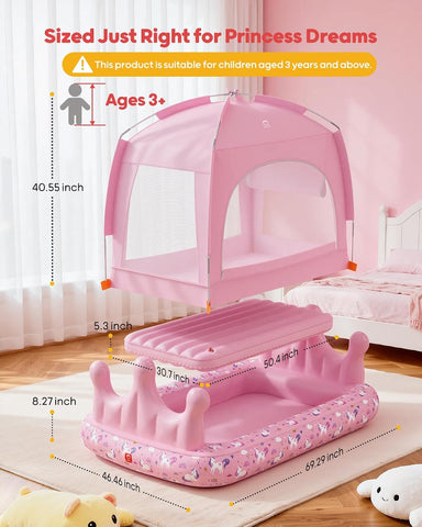 QPAU Kids Air Mattress with Tent and Fast Pump, for Ages 3+ Girls Princess