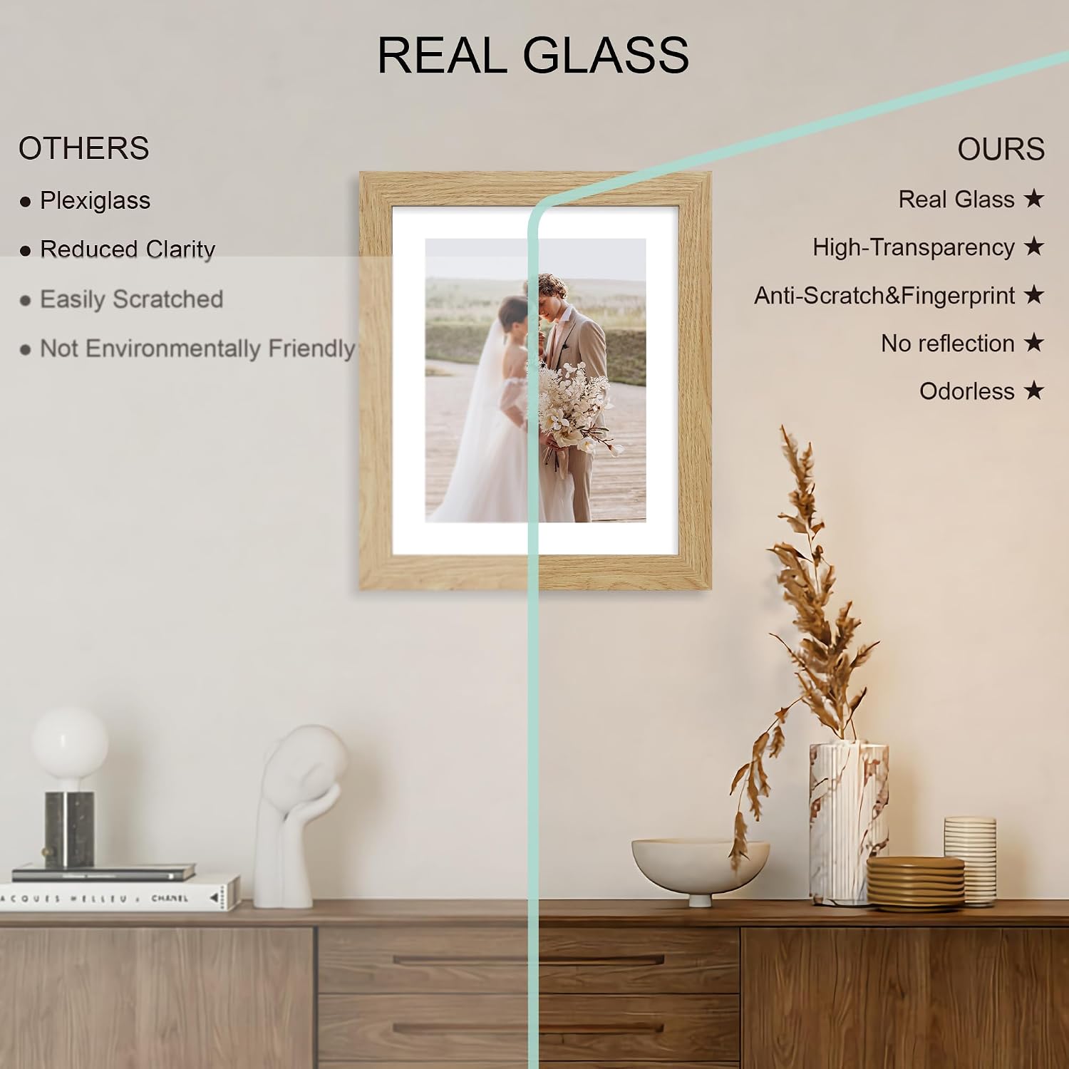 Hongkee 9x11 Picture Frame Set of 4, Made of Real Glass and Natural Oak Frame - Display Picture 7x9 with Mat or 9x11 Without Mat, 9 by 11 Photo for Wall or Tabletop