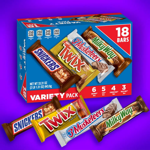SNICKERS, TWIX, MILKY WAY & 3 MUSKETEERS Individually Wrapped Variety Packet Full Size Milk Chocolate Candy Bars Bulk Assortment, 33.31 oz, 18 Bars (Pack of 2)