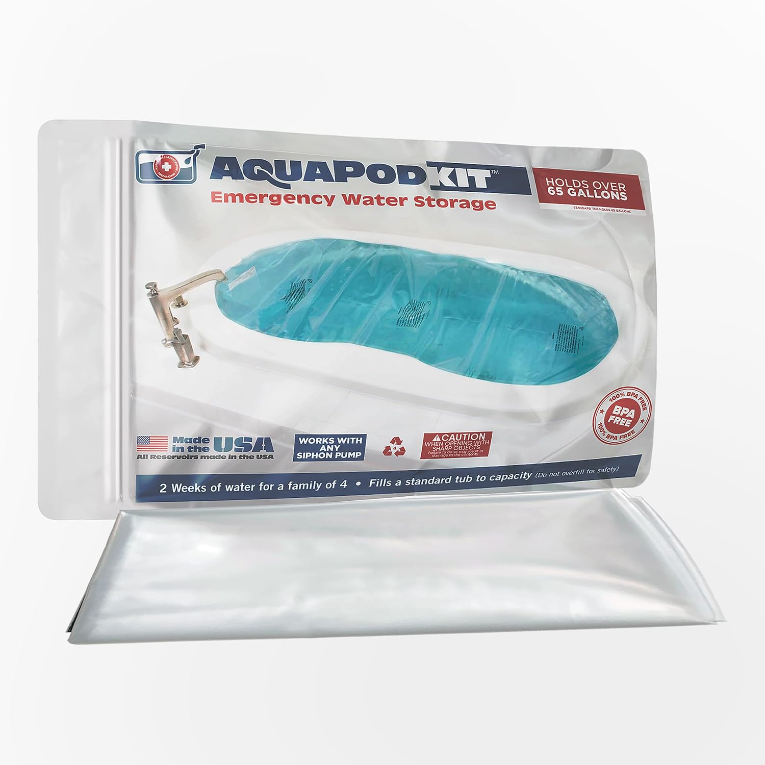 AquaPodKit Made in USA - Emergency Bathtub Water Storage Bladder 65-100 Gallon Capacity - BPA Free- Food Grade Materials - Hurricane Disaster Preparedness Supply - Family Survival Supply (Bag)