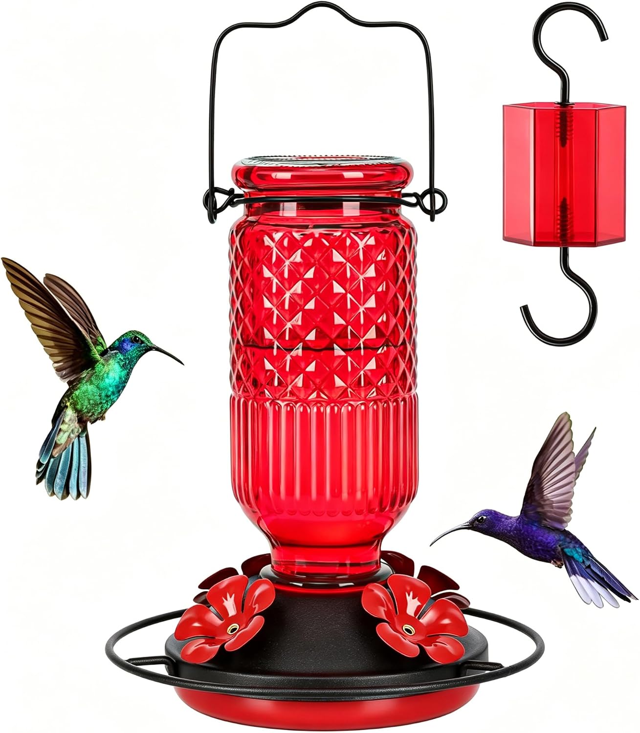 FEED GARDEN Glass Hummingbird Feeder for Outdoors Hanging, 16 oz Leak-Proof Nectar Feeder with Bee Guards & Ant Moat, 4 Metal Flower Feeding Ports, 360° Perch Ring, Easy Refill & Clean, Red