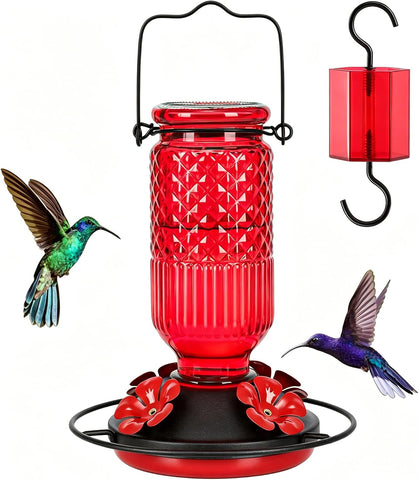 FEED GARDEN Glass Hummingbird Feeder for Outdoors Hanging, 16 oz Leak-Proof Nectar Feeder with Bee Guards & Ant Moat, 4 Metal Flower Feeding Ports, 360° Perch Ring, Easy Refill & Clean, Red
