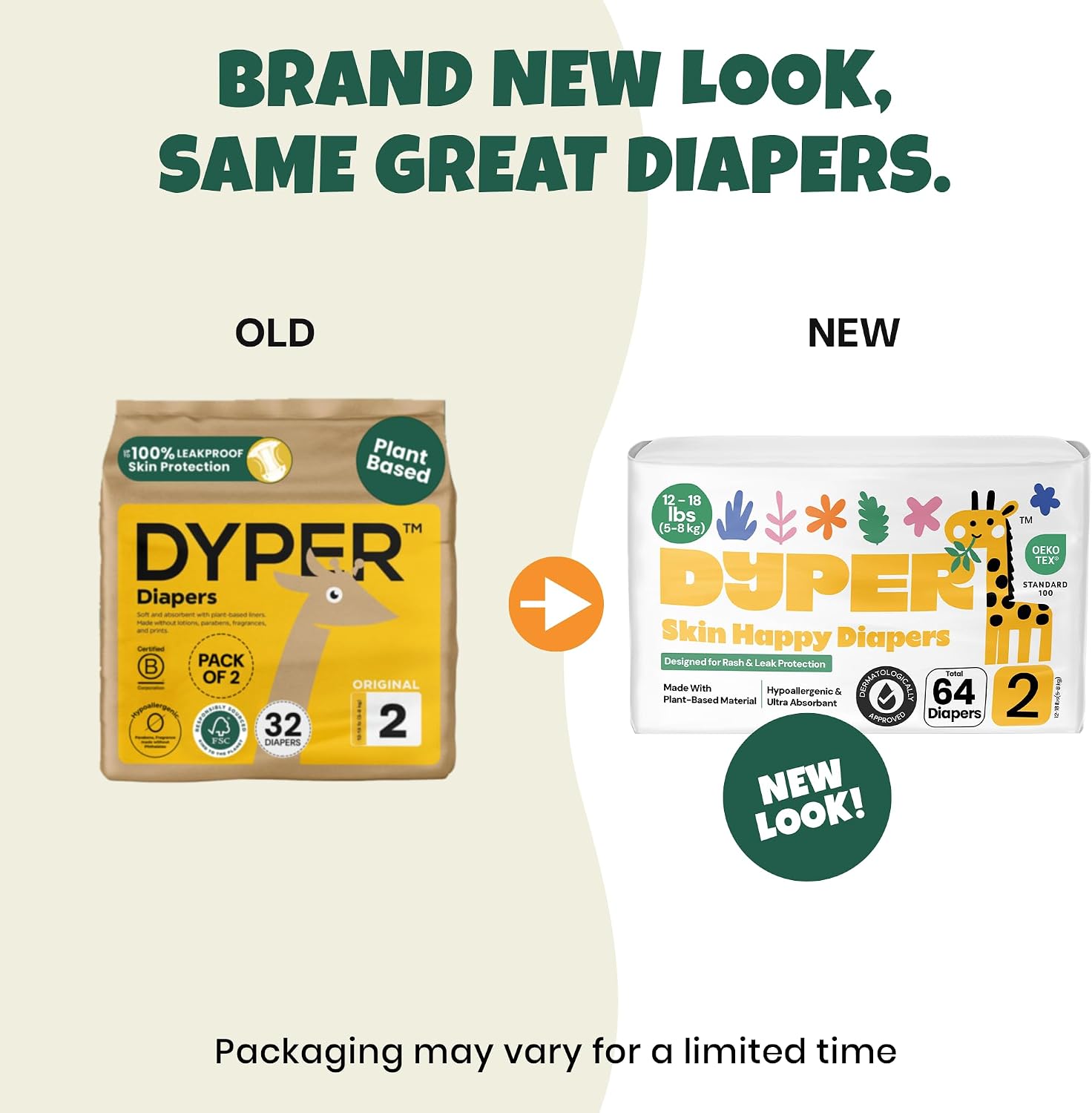 DYPER - Pack of 2 Baby Diapers Size 2 (64 Count) - Leak Proof, Plant Based, Hypoallergenic & Ultra Absorbent Disposable Diaper for Day & Overnight, Skin-Friendly Comfort Size 2 Diapers (12-18 lbs)