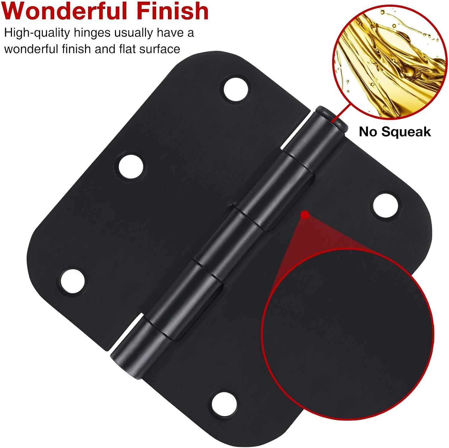 12 Pack Rounded Matte Black Door Hinges 3.5 Inch with 5/8" Radius Corners