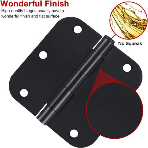 12 Pack Rounded Matte Black Door Hinges 3.5 Inch with 5/8" Radius Corners