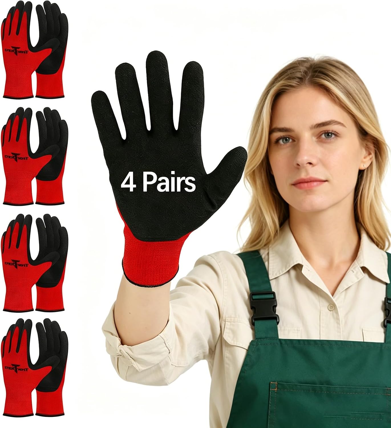 4 Pairs Red garden gloves work gloves with grip working gloves,Breathable latex dipped gloves,Suitable for garden weeding, construction, outdoor, warehouse handling, etc.