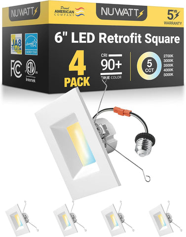 NUWATT 6 Inch Retrofit LED Square Recessed Lighting, CCT 2700-5000K, 4 Pack