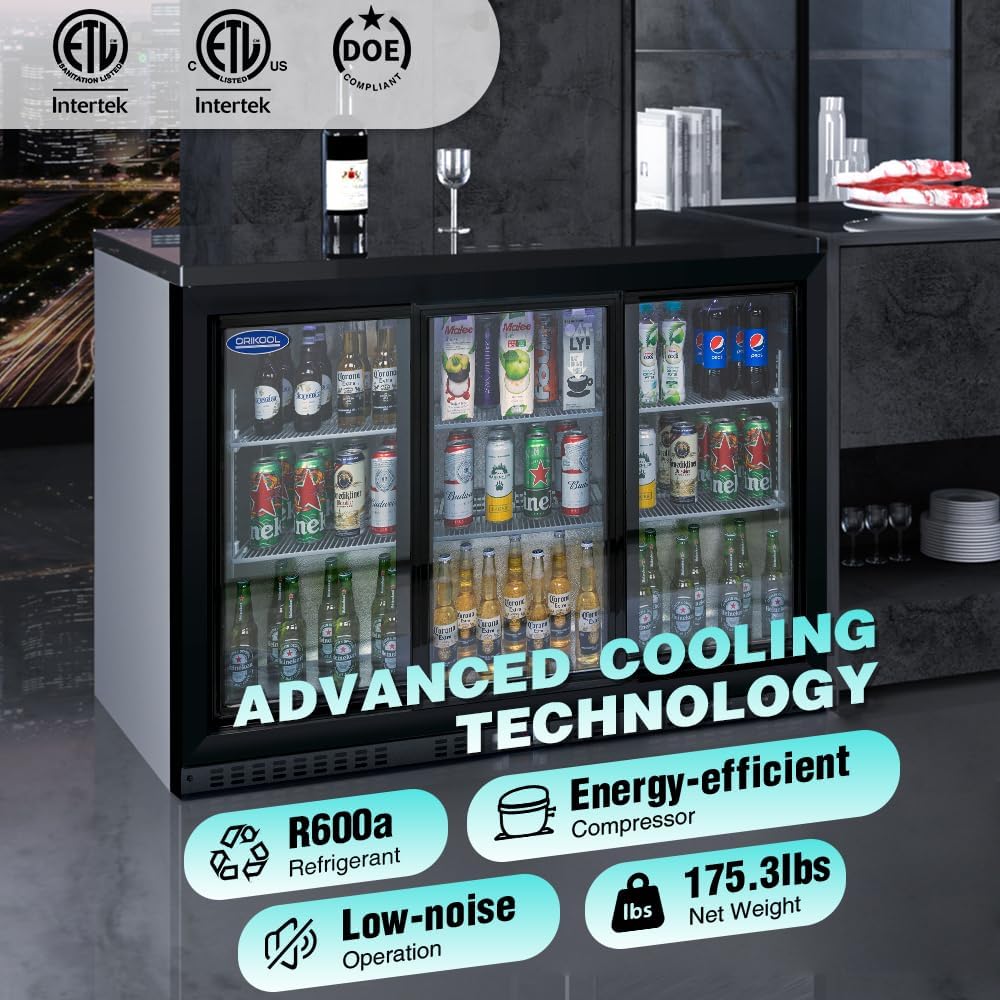 Back Bar Cooler - 480 Can Capacity Beverage Refrigerators, 3 Sliding Glass Doors, LED Lighting, Adjustable Shelves, Safety Door Lock, Perfect for Bars, Restaurants & Home