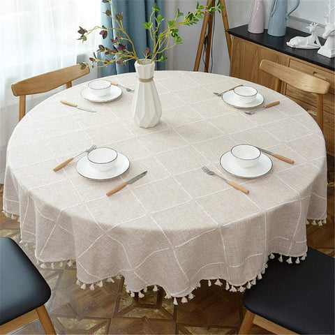 Round Tassel Plaid Tablecloth, Heavy Weight Cotton Linen Fabric Table Cover for Kitchen Dining Tabletop Decoration, Beige, 62" Round