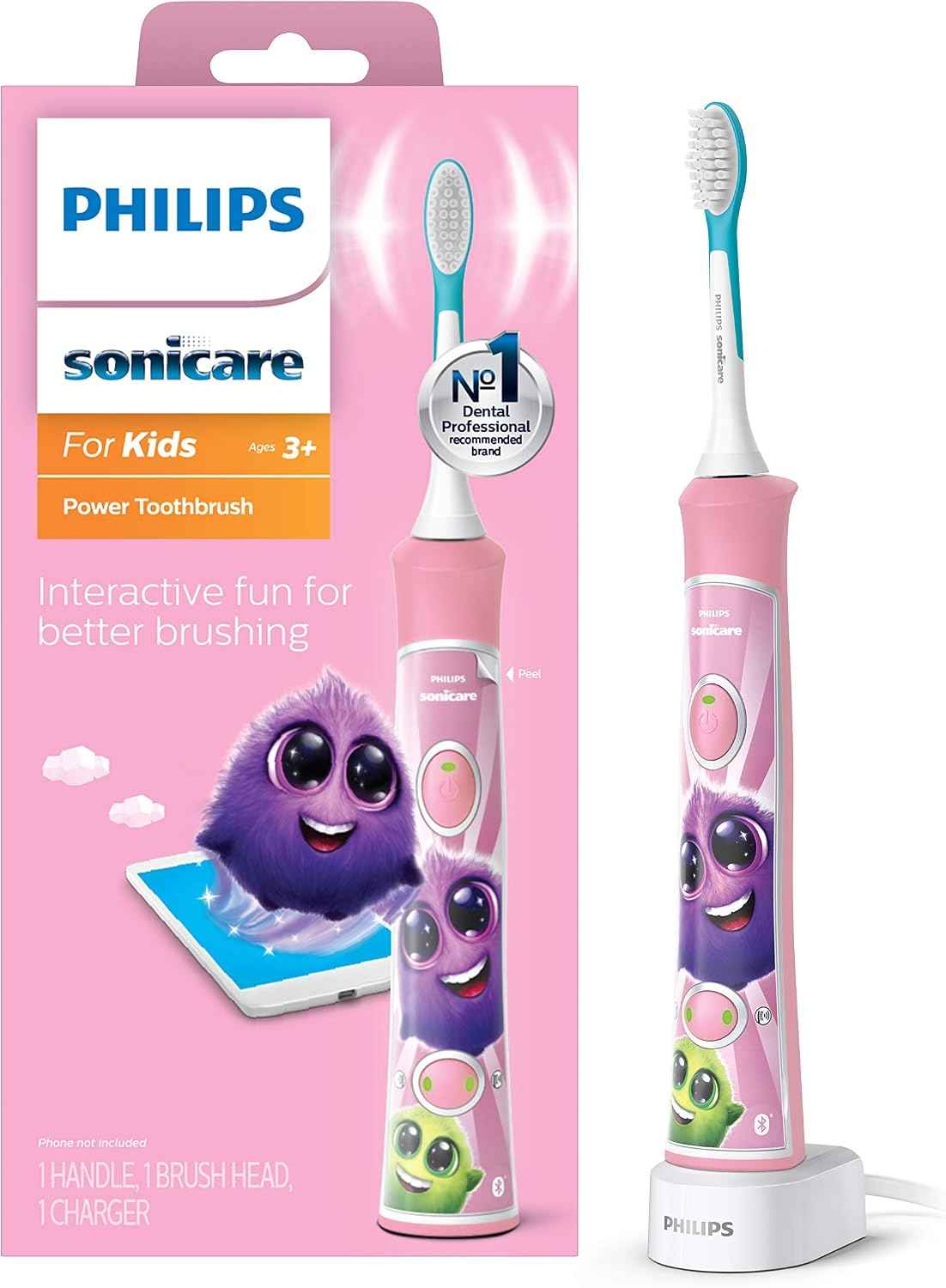 Philips Sonicare for Kids Rechargeable Electric Toothbrush, 1 Brush Head | 2 Intensities, App Connected, 2-Minute Guided Timer, Includes Brush Head, Pink, HX6351/41
