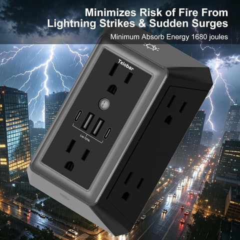 Multi Plug Wall Outlet Surge Protector with 6-Outlet & 4 USB Ports(2USB-C)