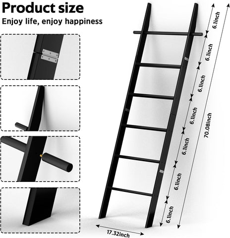 Farmhouse Wooden Blanket Ladder with Removable Hooks Black 6-Tier