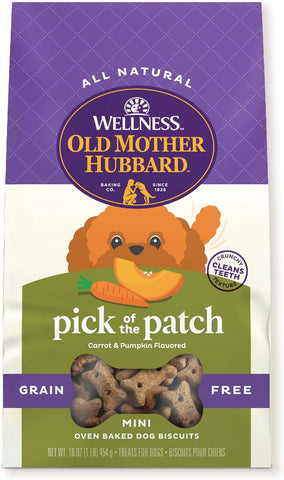 Wellness Old Mother Hubbard Classic Grain Free Pick of the Patch Dog Biscuits, Natural Training Treats, Pumpkin and Carrot Flavor, Mini Size. 16 oz Bag