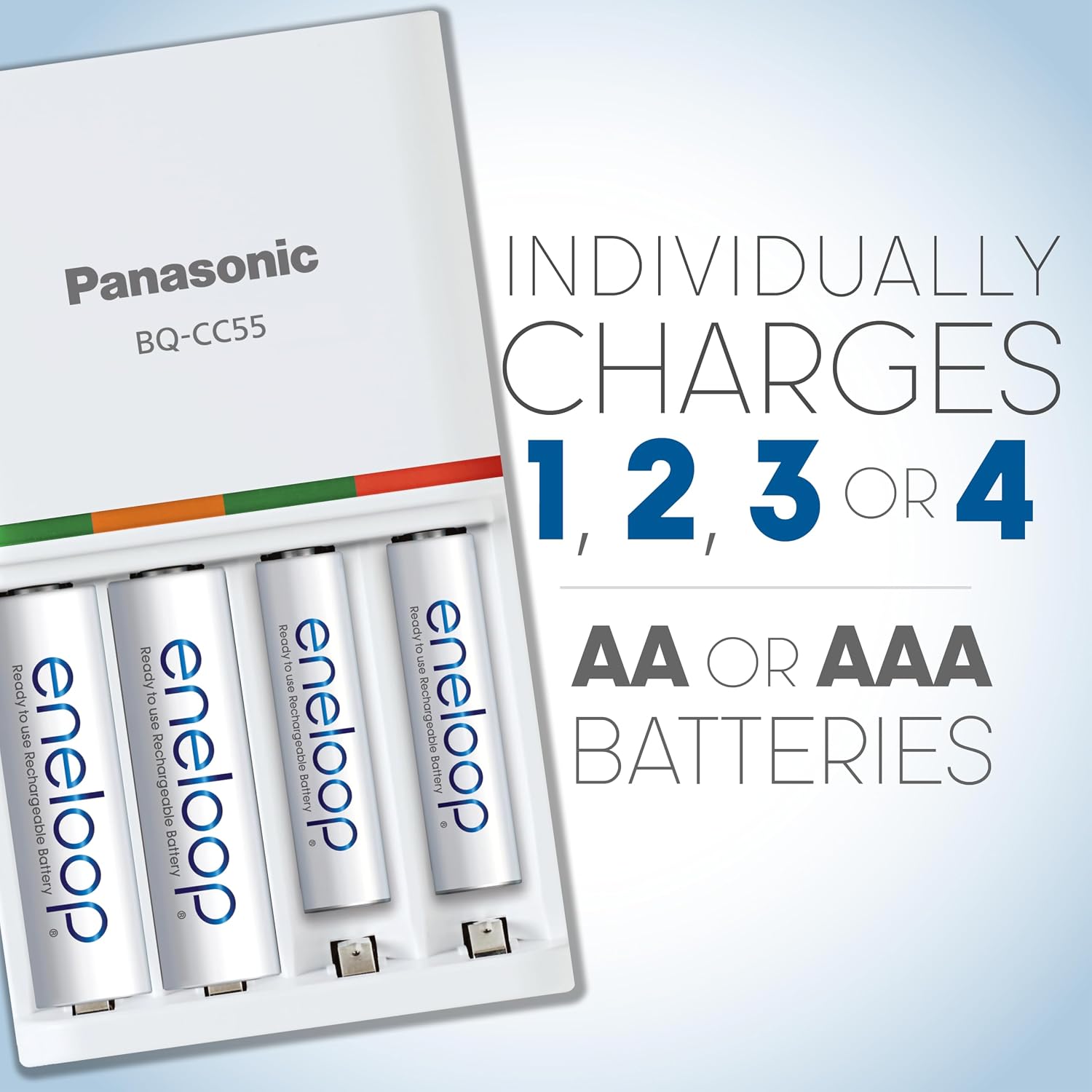 Eneloop Panasonic K-KJ55MCA4BA Advanced Individual Battery 3 Hour Quick Charger with 4 AA Rechargeable Batteries, White | 4 AA Rechargeable Batteries, 3 Hour Quick Charger
