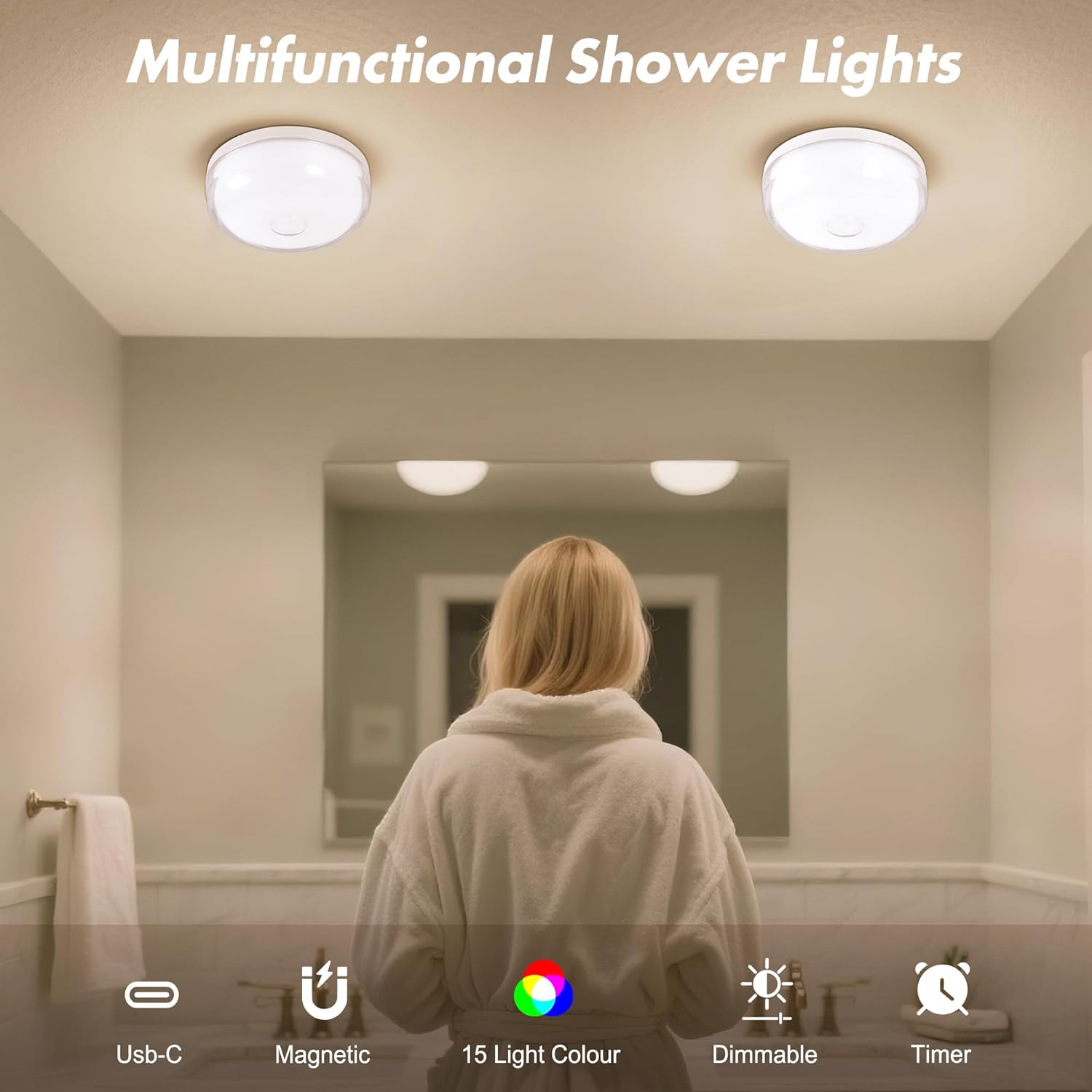2-Pack Waterproof Shower Light No Wiring, Rechargeable Shower Lamp, White