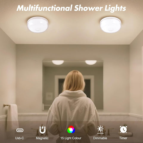 2-Pack Waterproof Shower Light No Wiring, Rechargeable Shower Lamp, White