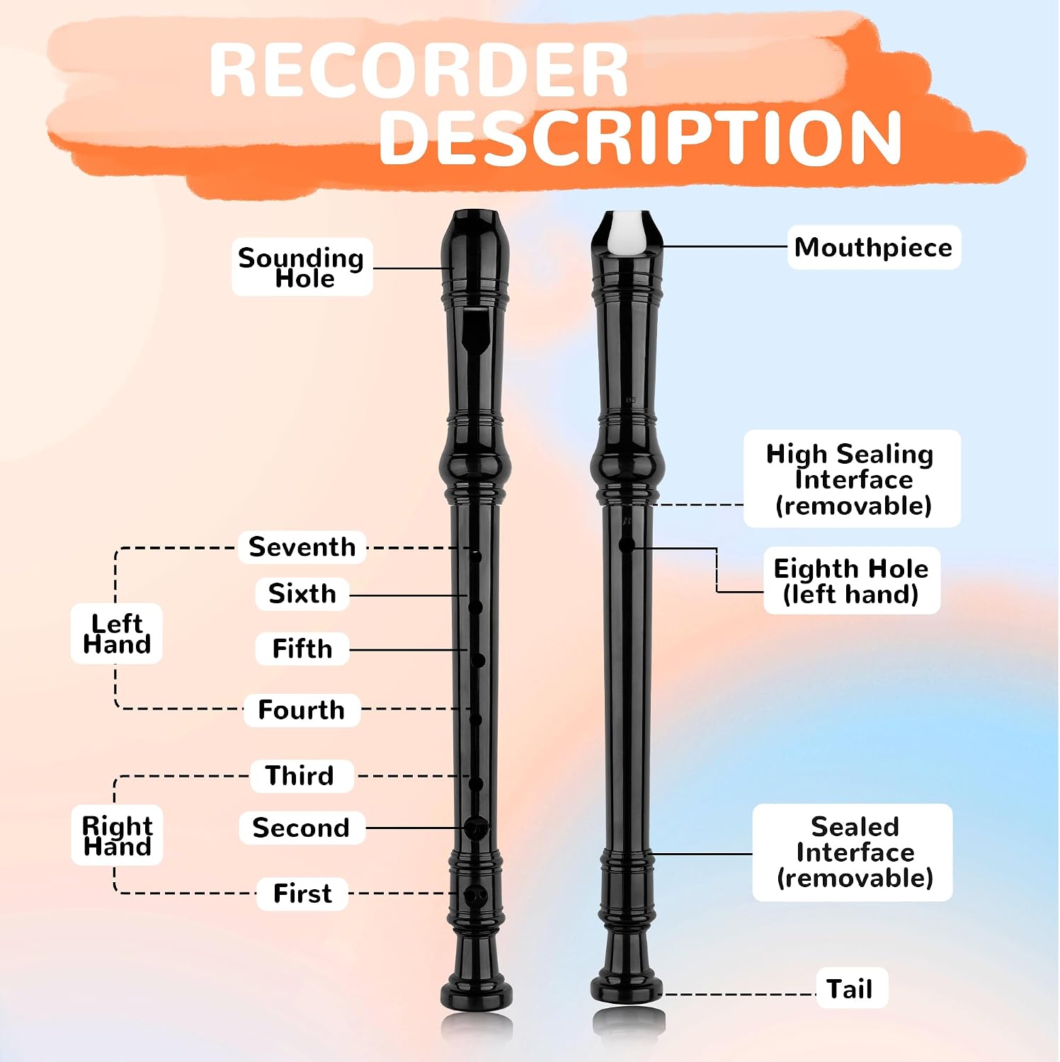 Soprano Recorder Instrument for Kids Beginners 8 Hole Flute for School Students with Cleaning Rod, C Key Baroque Fingering, Black Plain Edition