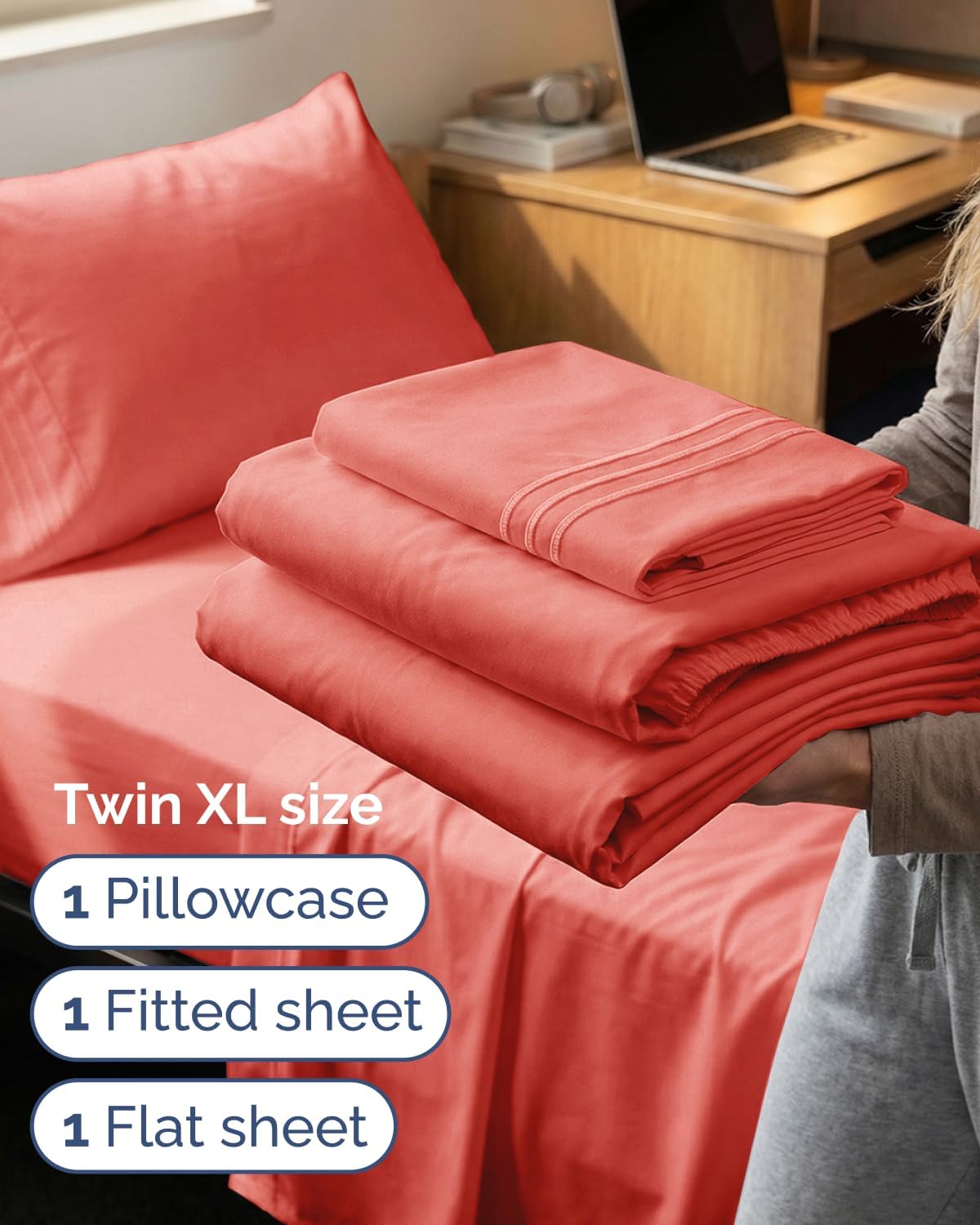 Twin XL 3 Piece Sheet Set - College Dorm Room Essentials - Coral