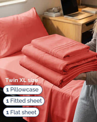 Twin XL 3 Piece Sheet Set - College Dorm Room Essentials - Coral