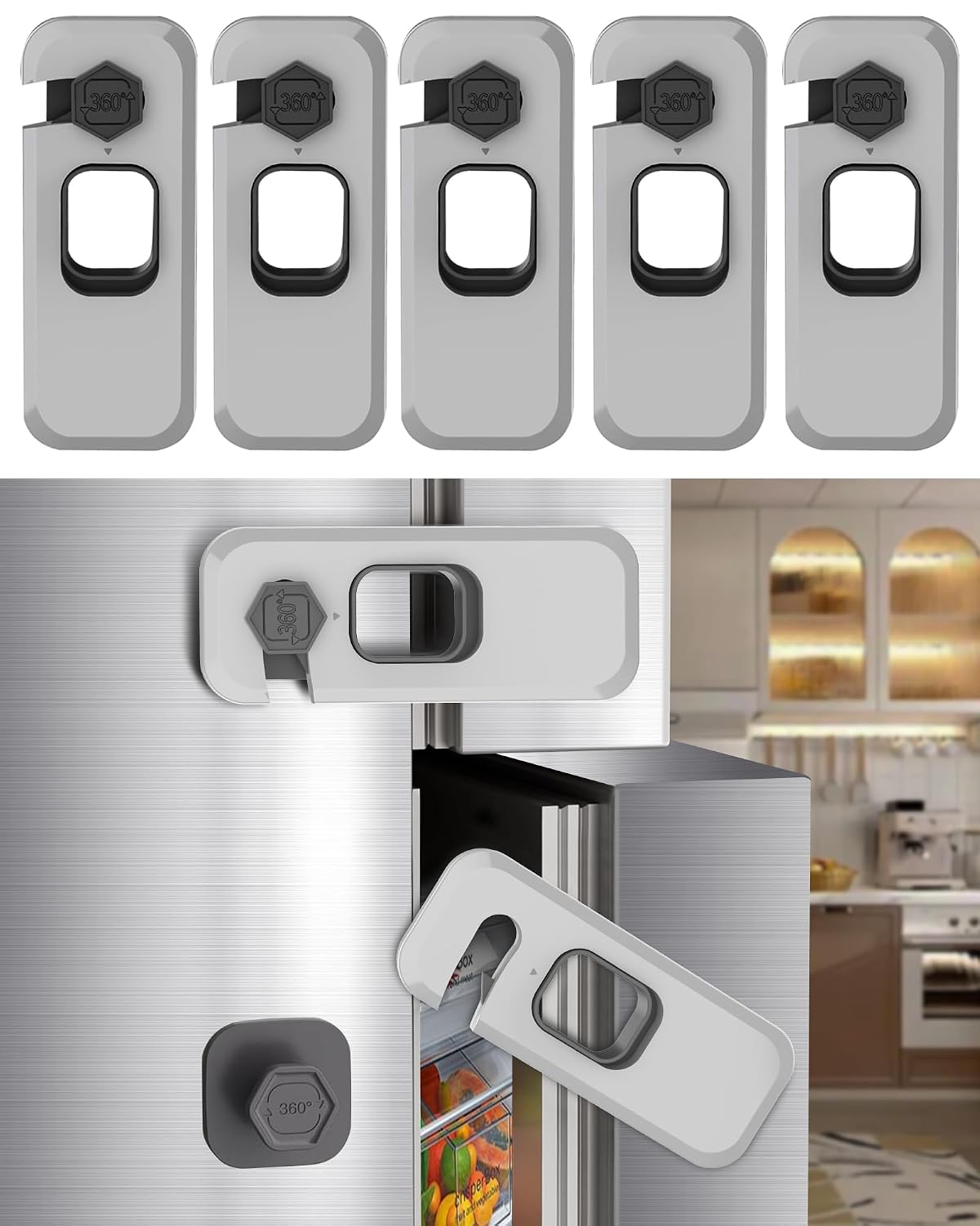 Fridge Locks with Self Adhesive, Refrigerator Latch for Cabinets, Freezer Door, Drawers, Child & Baby Proofing Safety Lock for Kids, Toddlers and Children (Grey-5pack)