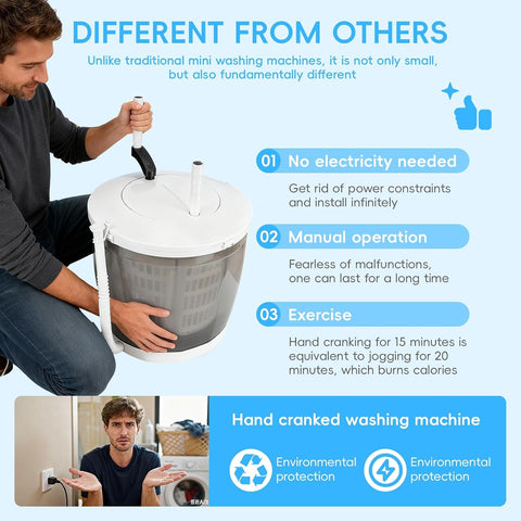 2-in-1 Hand-Crank Portable Washer, No Electricity Spin Dryer Combo with Suction Cup Base for Camping, Travel, 4.5lbs Capacity, Deep Cleaning of Underwear, Baby Clothes & Other Small Clothes Light Grey
