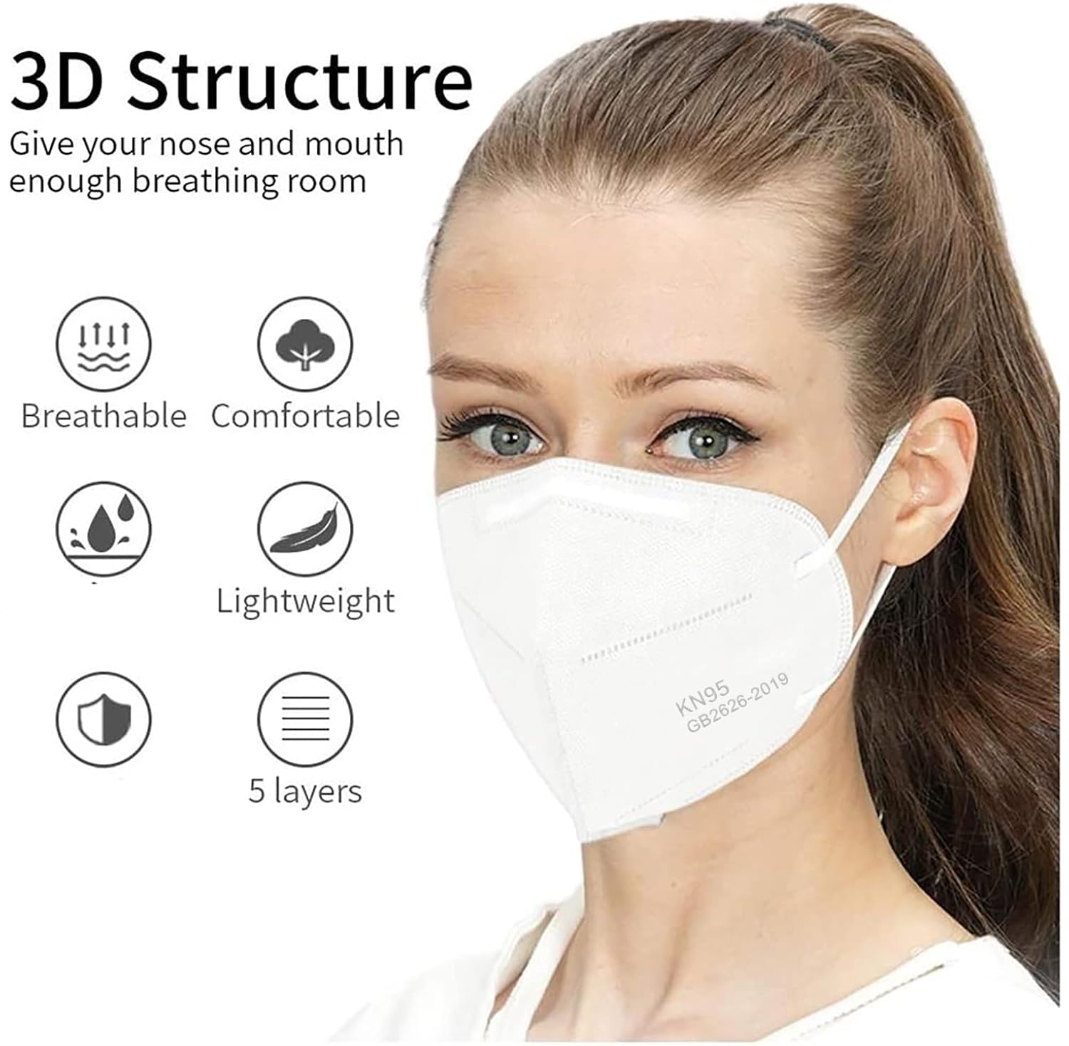 LEMENT 50PCS KN95 Face Mask, Cup Dust Masks with Elastic Ear Loops(White)
