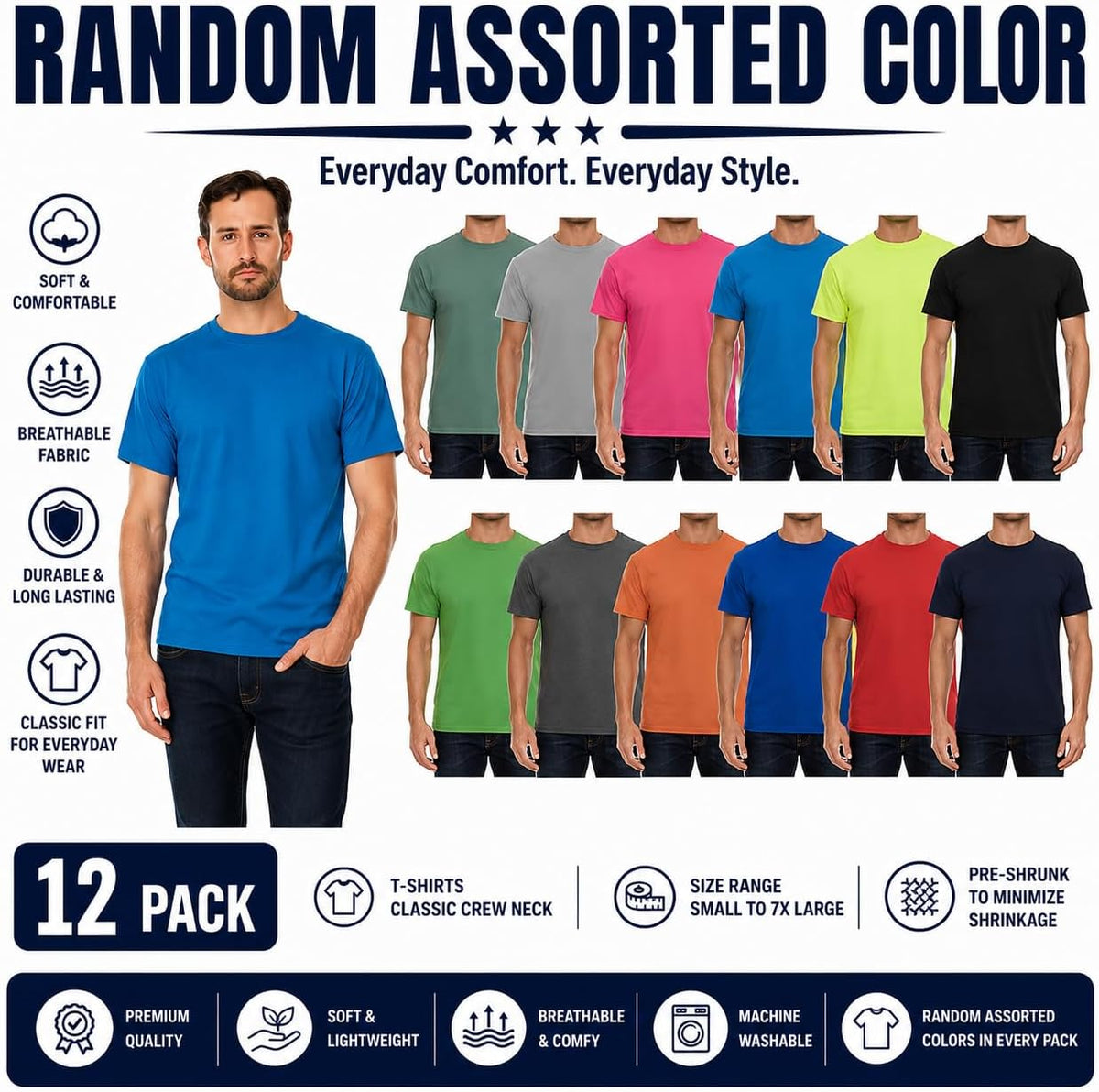 12 Pack Men's Big & Tall Cotton T-Shirts, Plus Size Lightweight Tees