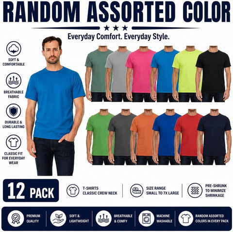 12 Pack Men's Big & Tall Cotton T-Shirts, Plus Size Lightweight Tees