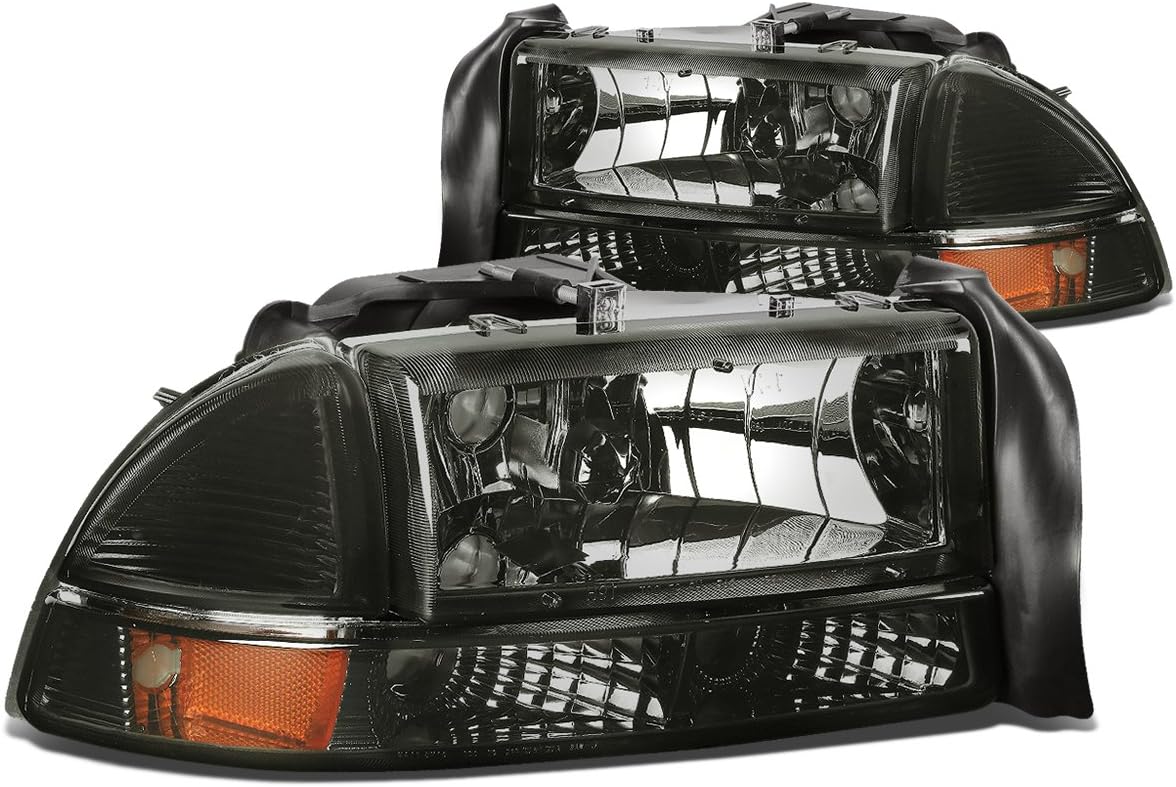 DNA MOTORING Pair Headlights Compatible with 97-04 Dodge Dakota / 98-03 Durango, Driver & Passenger Side, Smoke/Amber, HL-OH-DD974P-SM-AM