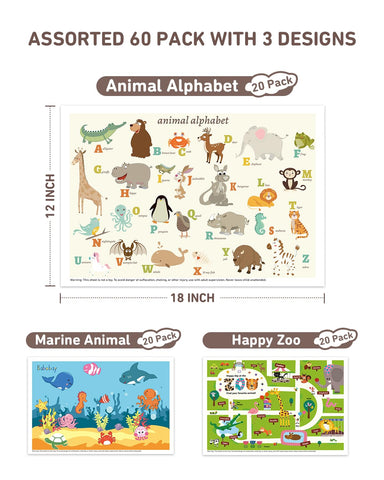 Babebay Disposable Stick-On Placemats for Baby, 60 Pack, 3 Animal Designs