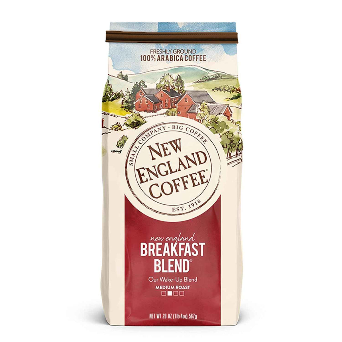 New England Coffee Breakfast Blend Medium Roast Ground Coffee, 20oz Bag (Pack of 4)