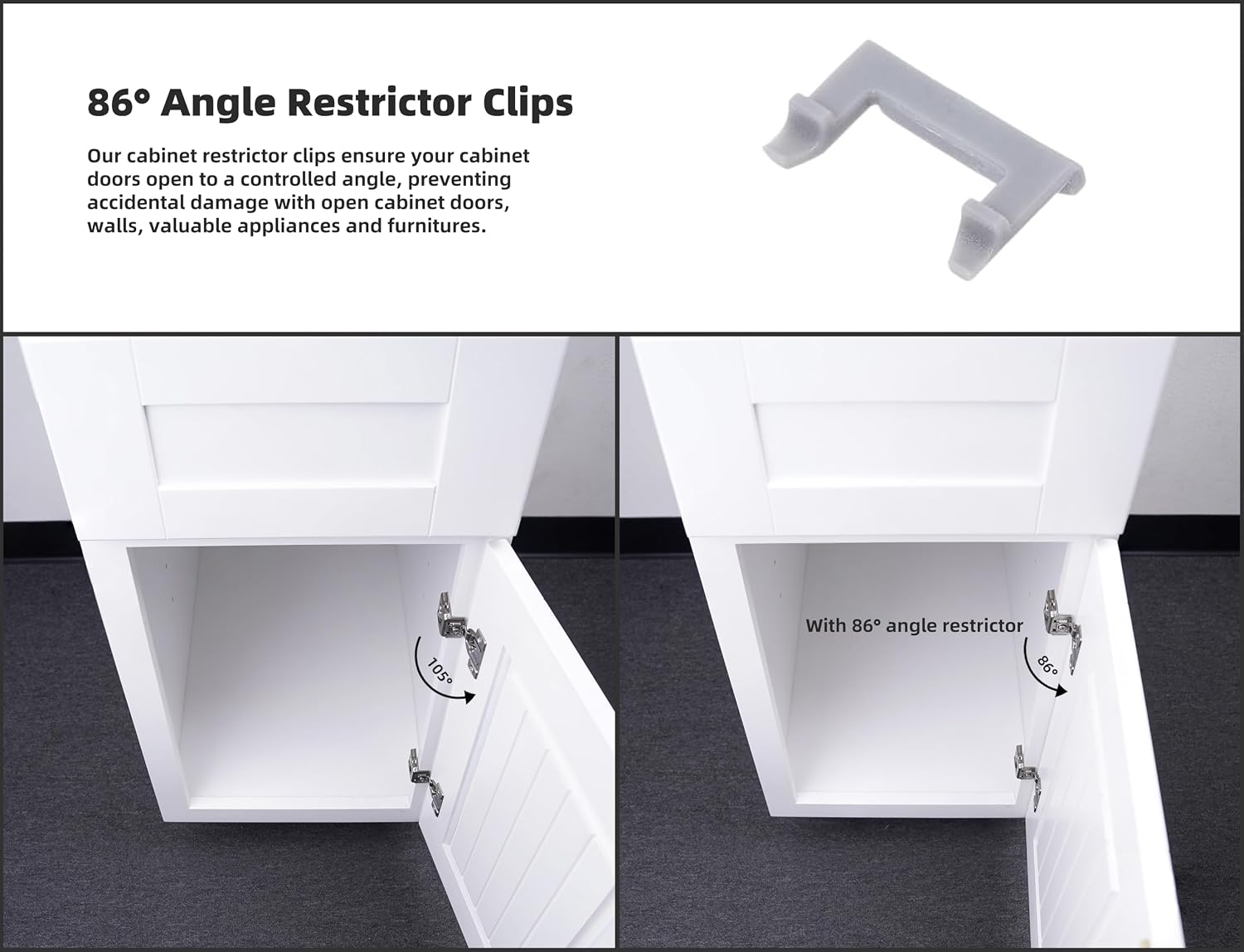 Cabinet Restrictor Clips (10 Pack)- 86° Degree Angle Cabinet Door Hinge Restrictor Clip for Soft Close Hinge(Decobasics ONLY)-90° Opening Kitchen Soft Close Cabinet Hinges Restriction Clip Restraints