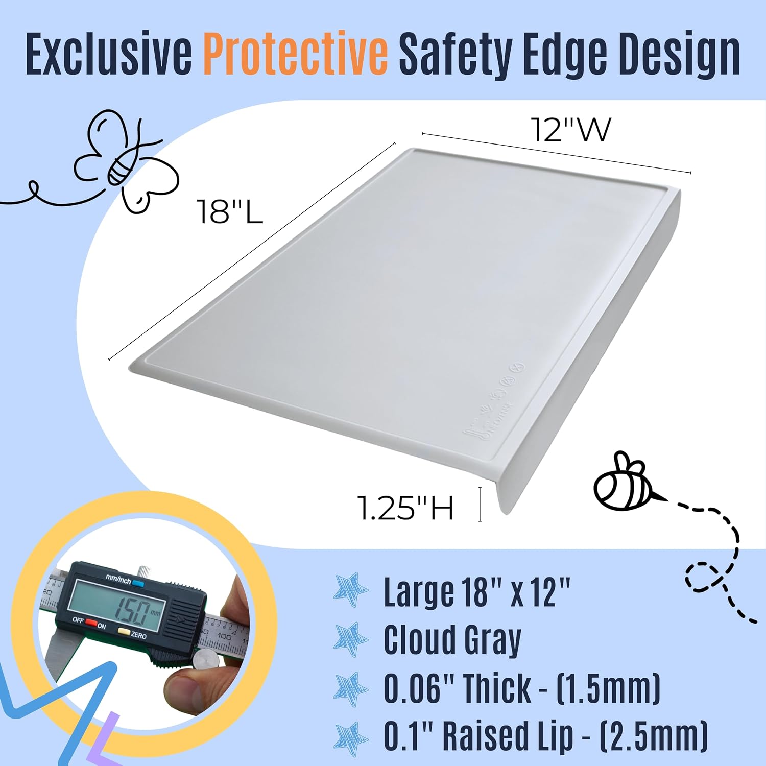Silicone Placemats for Toddlers & Kids with Angle-Protective Safety Edge – Baby Placemats for Restaurants & Dining Table – Non-Slip & BPA-Free Food Mat – 1.5mm Thick, 18"x12", Cloud Gray