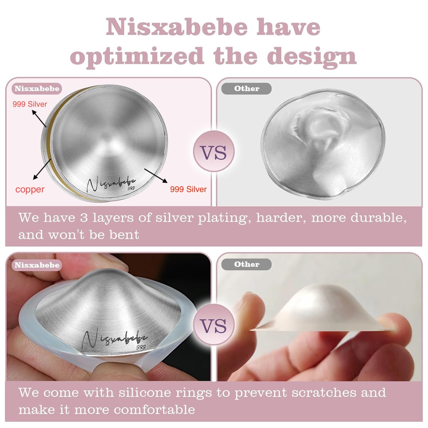 NISXABEBE The Original Silver Nursing Cups with Silicone Ring,Nipple Shields for Nursing Newborn,Breastfeeding Must Haves for Soothe and Protect Your Nursing Nipples,Trilaminate 999 Silver(X-Large)