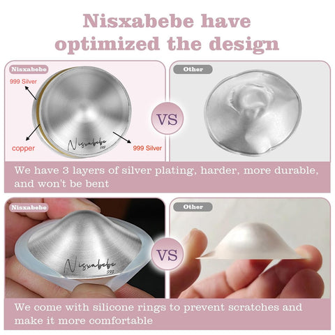 NISXABEBE The Original Silver Nursing Cups with Silicone Ring,Nipple Shields for Nursing Newborn,Breastfeeding Must Haves for Soothe and Protect Your Nursing Nipples,Trilaminate 999 Silver(X-Large)
