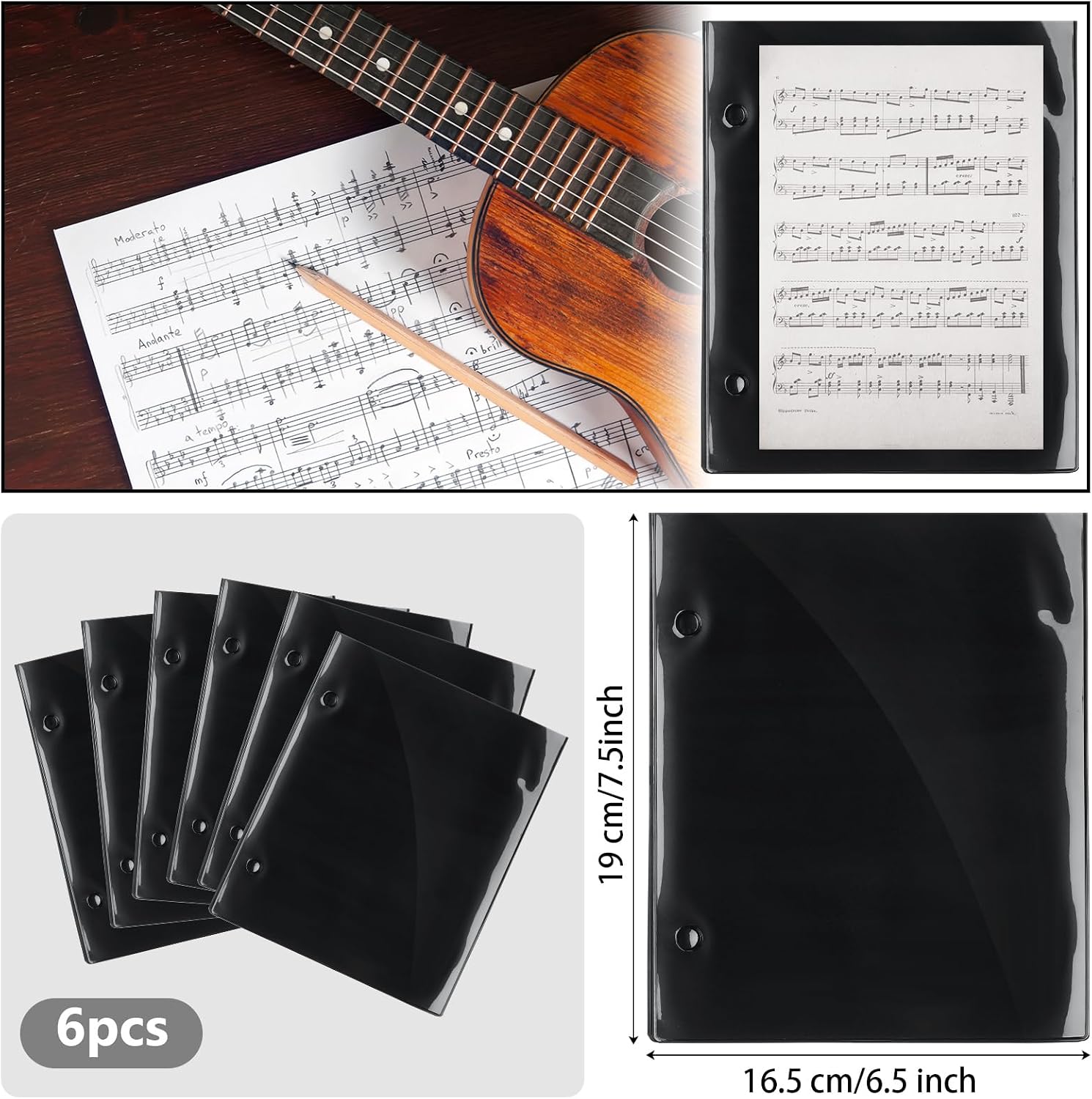 Outus 6 Pcs Marching Band Flip Folder for Lyre, Single/Double-Sided Waterproof Flip Folder Pages 7.5 x 6.3 Inch 2-Hole Sheet Music Holder Marching Band Accessory for Drum Corps (Single Side)