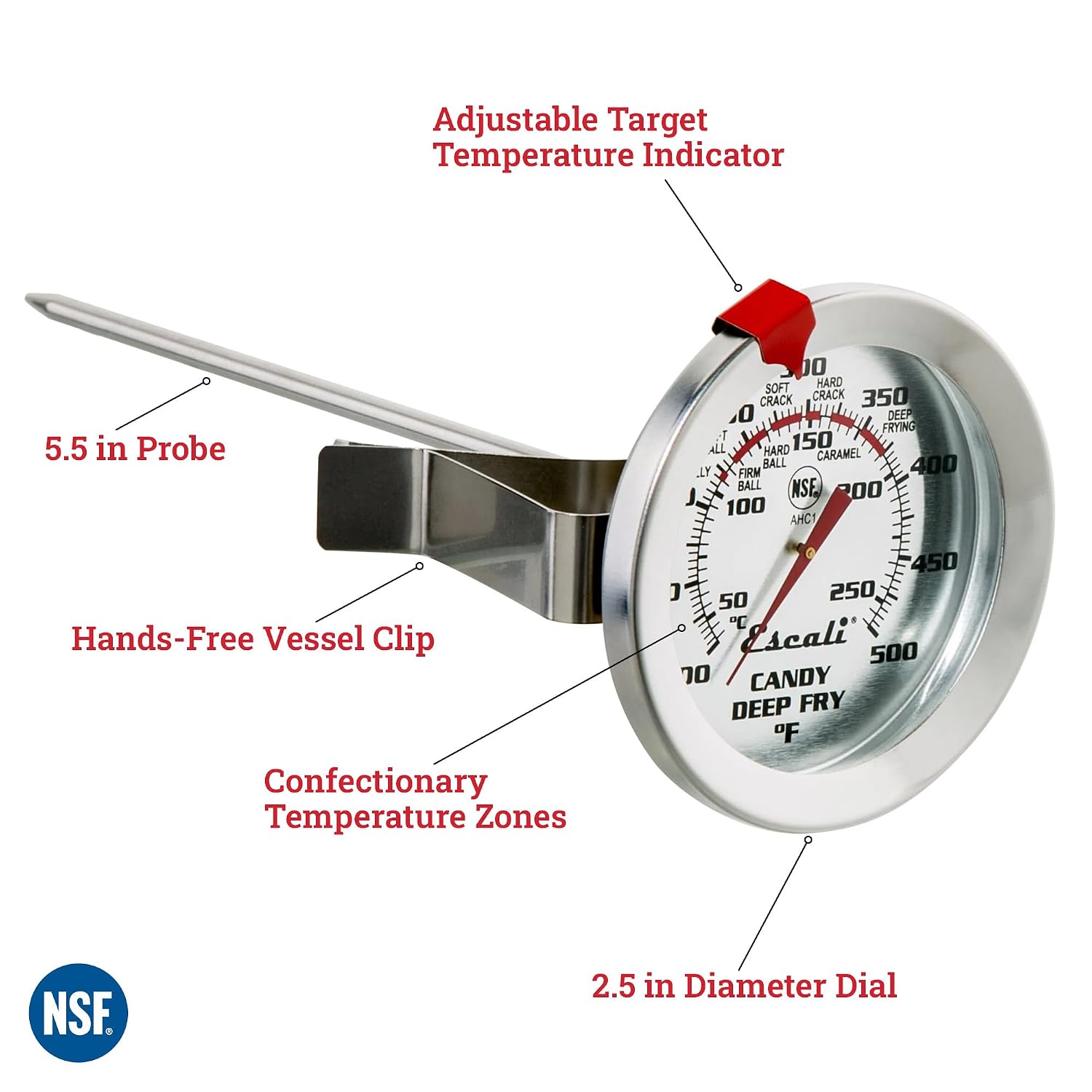 Escali AHC1 Stainless Steel Deep Frying and Candy Thermometer with Pot Clip, 5-Inch Probe with Candy Temperature Zones, NSF Certified