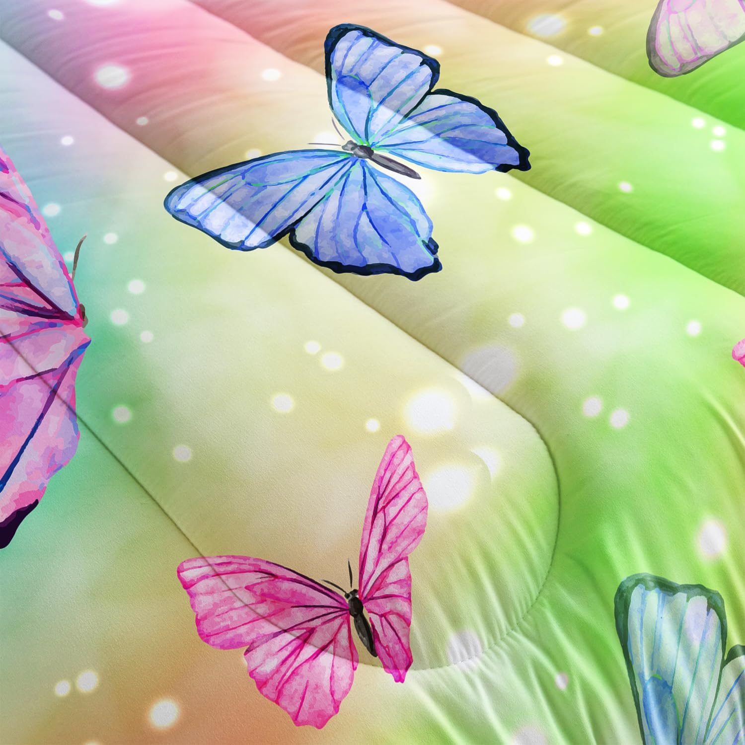 Sunshine Watercolor Butterfly Comforter Set - Rainbow Bedding with 1 Comforter and 2 Pillowcases for Boys and Girls Bedroom - All Season Queen