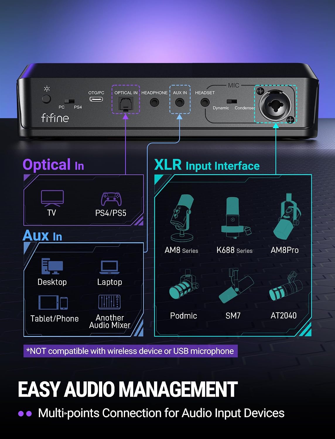 FIFINE SC8 Gaming Audio Mixer for Live Streaming with 7.1ch Surround sound