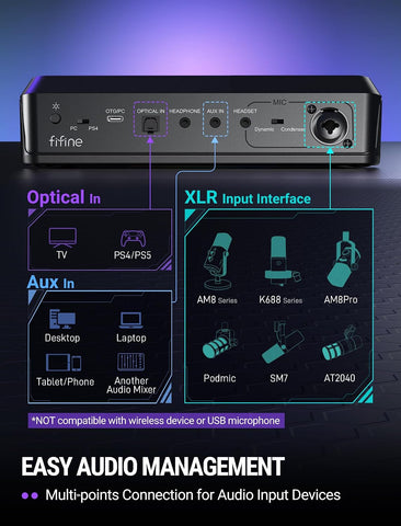 FIFINE SC8 Gaming Audio Mixer for Live Streaming with 7.1ch Surround sound