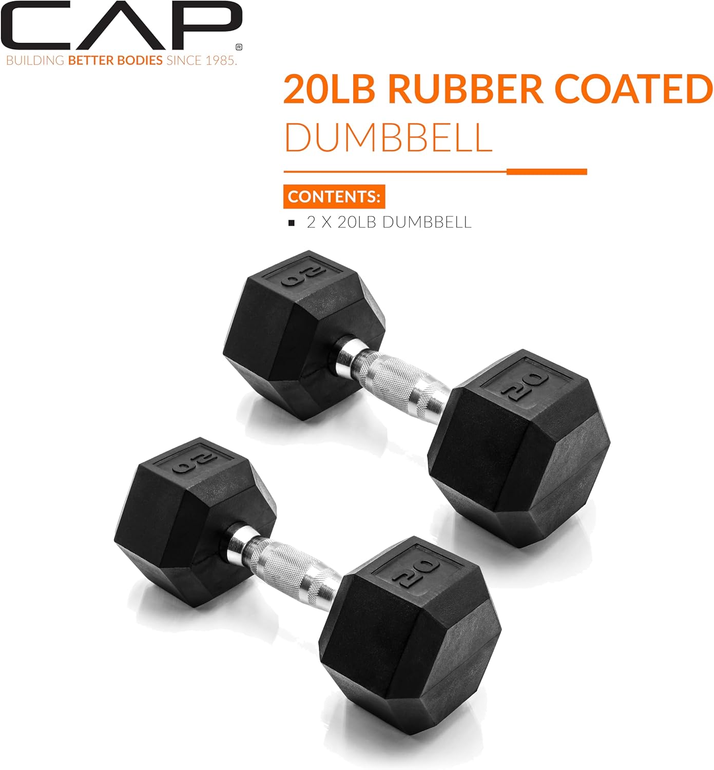 CAP Rubber Coated Dumbbell Weights, Free Weights for Home Gym Strength Training, Anti-Roll Hex Dumbbells with Black, Chrome & Comfort Grip Handles, Pairs & Sets