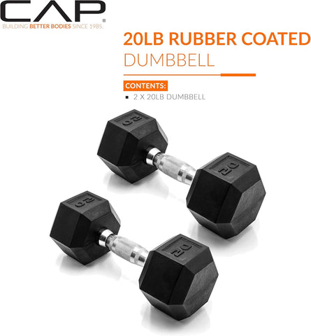 CAP Rubber Coated Dumbbell Weights, Free Weights for Home Gym Strength Training, Anti-Roll Hex Dumbbells with Black, Chrome & Comfort Grip Handles, Pairs & Sets