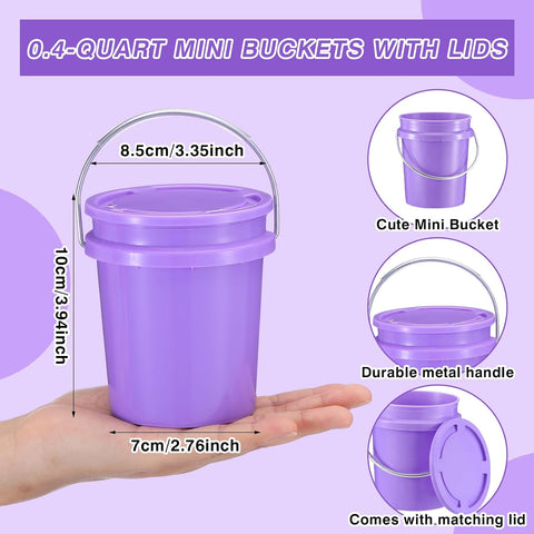 Hushee 12 Pcs Mini Plastic Buckets with Lids, 0.4 Quart, Purple