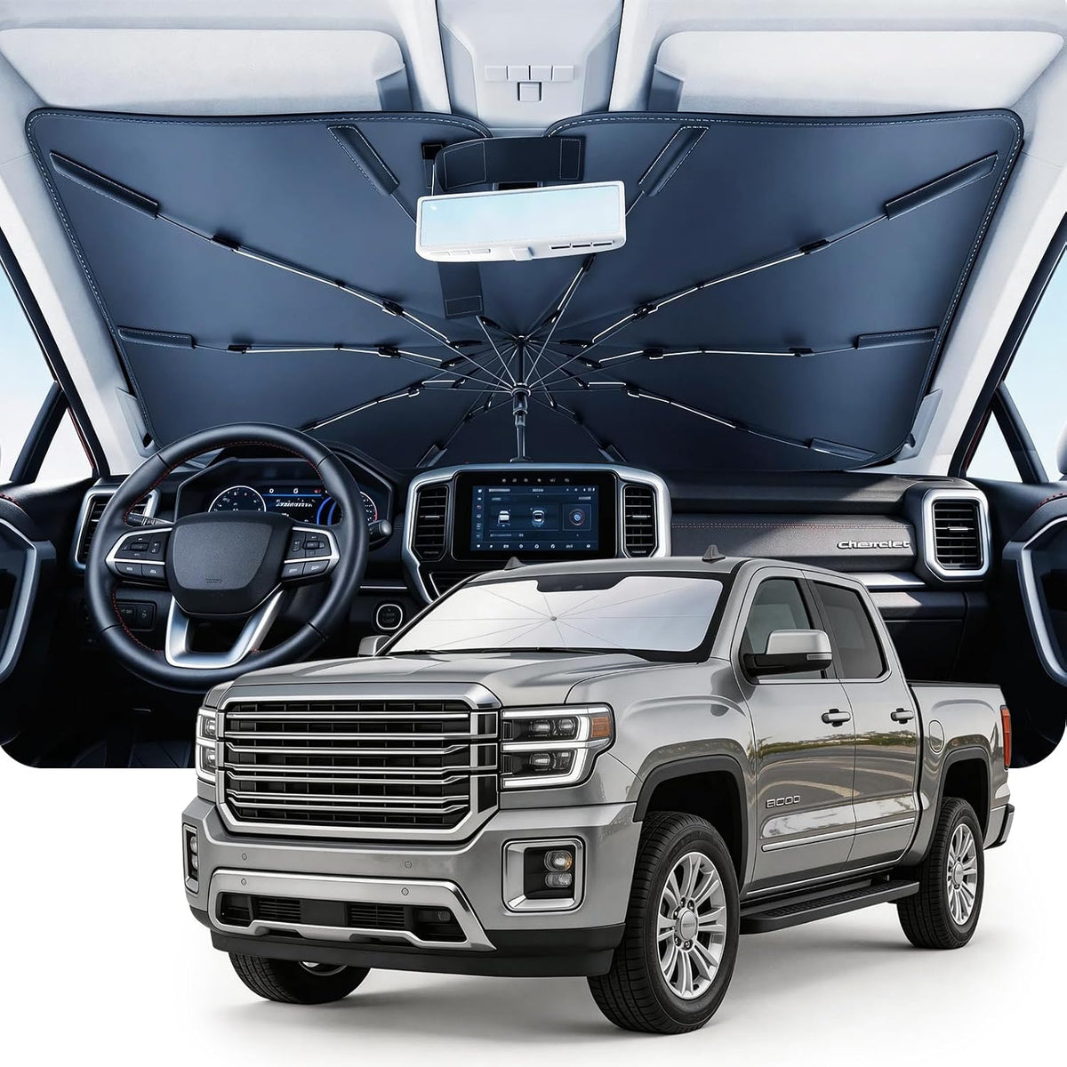 DMJN Umbrella Windshield Sun Shade for GMC Sierra 1500 2500 3500 (2014-2026), Car Sunshade for Front Windshield [Nano Ice-Crystal Coatings] UPF50+ Heat & UV Block, Protect Interior & Keep Cooler