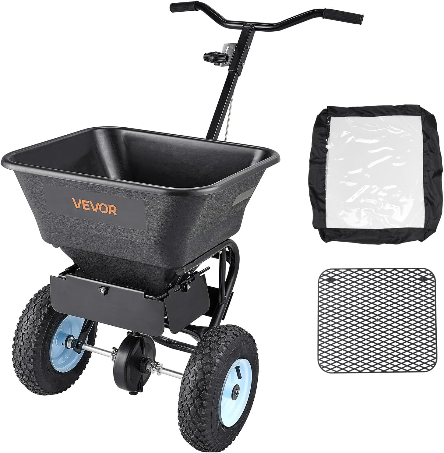 VEVOR Walk Behind Spreader 60 lbs Capacity Push Broadcast Spreader Black | for Lawn & Garden, 0-9.8 ft Spreading Width & 18 Adjustable Settings, 8 in All Terrain Pneumatic Tires for Seed, Fertilizer